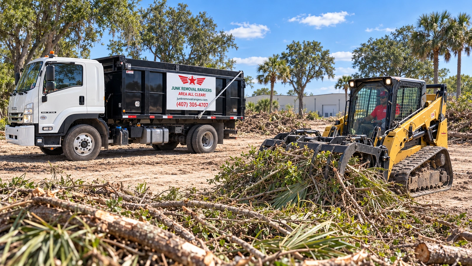 Illustration of commercial lot clearing with a tracked loader and branded hauling truck in Central Florida.