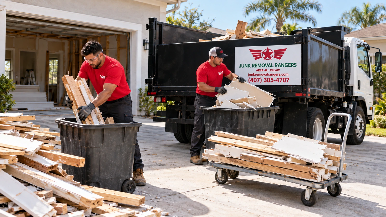 Illustration of contractor debris pickup at a home renovation site.