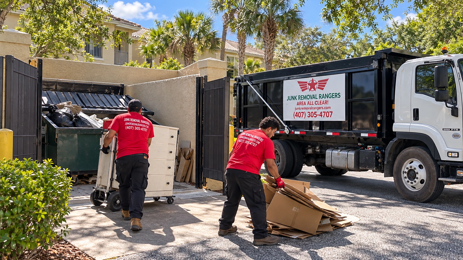 Illustration of a crew clearing furniture and cardboard from an apartment dumpster enclosure.