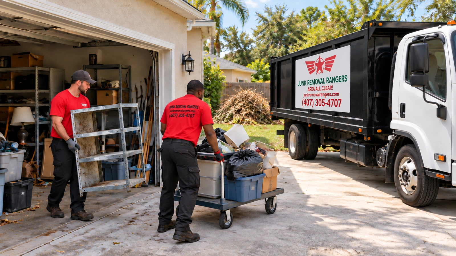 Illustration of a garage and side-yard cleanout at a vacant Orlando home.