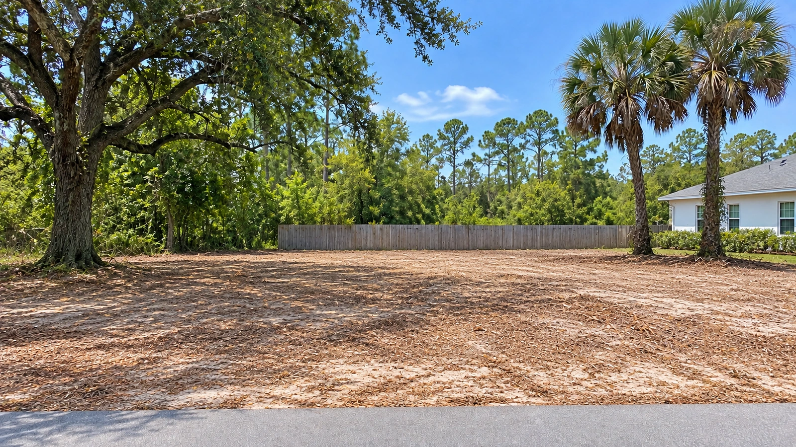 Illustration of the same Central Florida lot after conceptual clearing, with mature boundary trees retained.