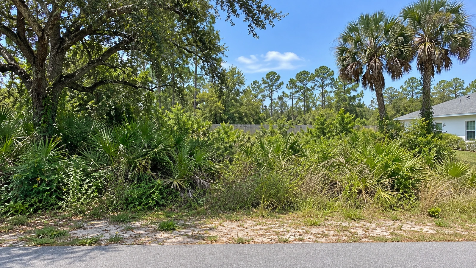 Illustration of an overgrown Central Florida lot before conceptual clearing.