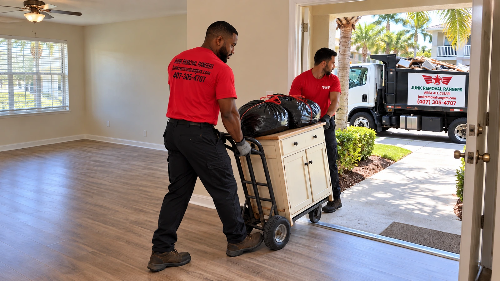 Illustration of the final furniture and trash removal from a rental apartment.