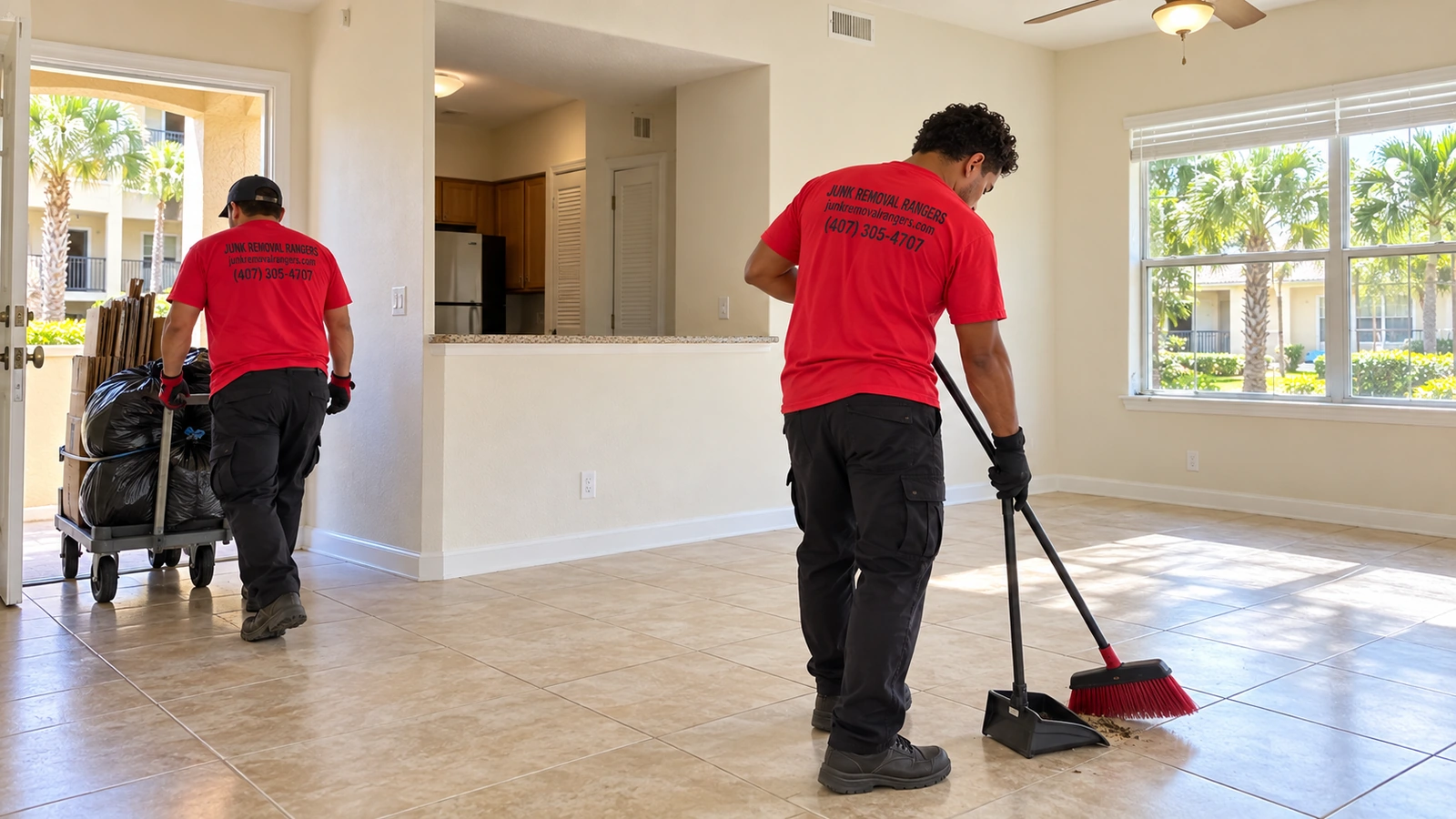 Illustration of a crew completing apartment turnover broom cleanup in Orlando.