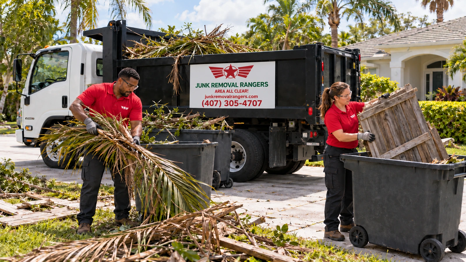 Illustration of a crew collecting storm-damaged branches and fence debris.
