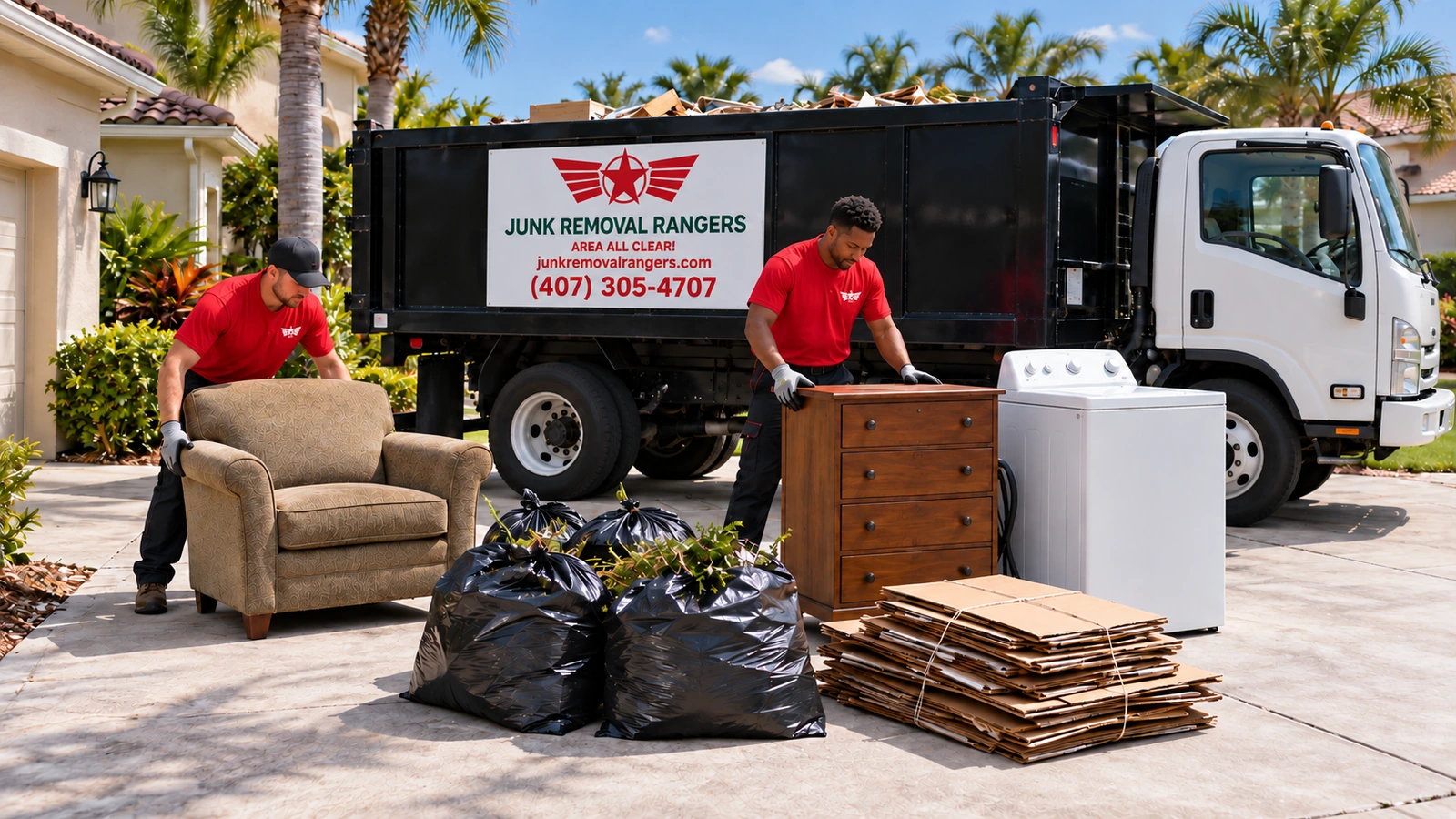 Illustration of accepted furniture, appliances, cardboard and yard waste staged for pickup.